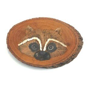Vtg Raccoon on Rough Wood Slab Plaque Art Hand Painted Cabin Lodge Farmhouse